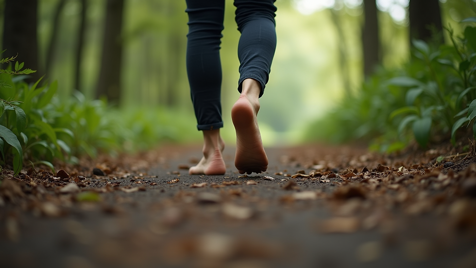 Close-up view of a person walking barefoot on a forest path
