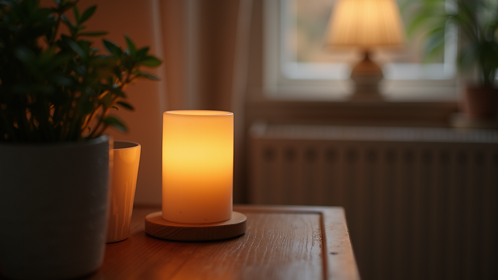 Eye-level view of a quiet corner with a lit candle and a small plant