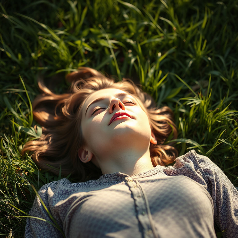 A person lying on grass or in a field of light, eyes closed in peace.