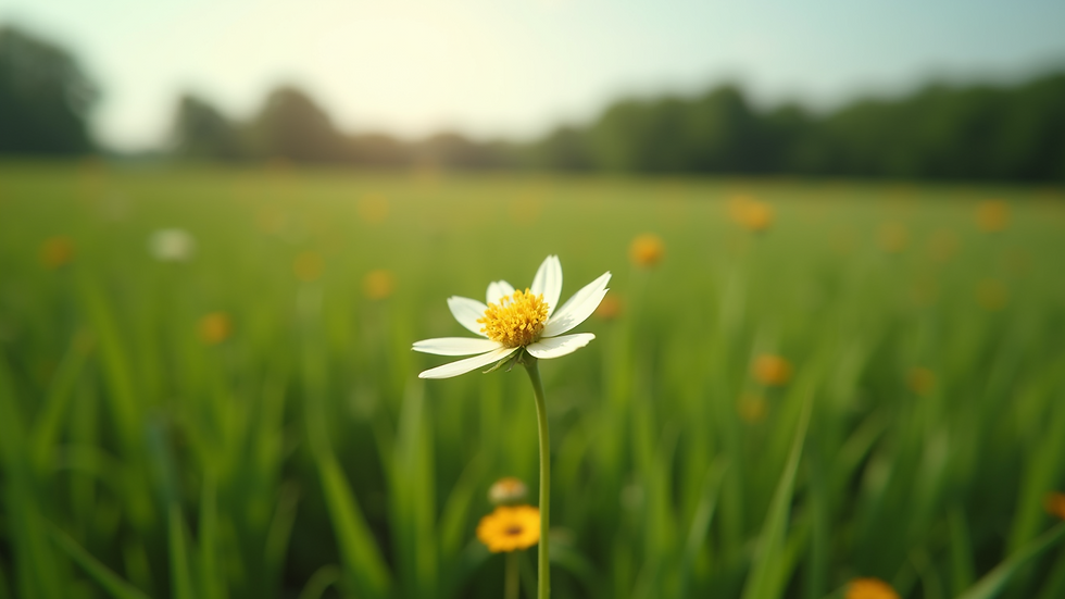 High angle view of a single blooming flower in a vast green field