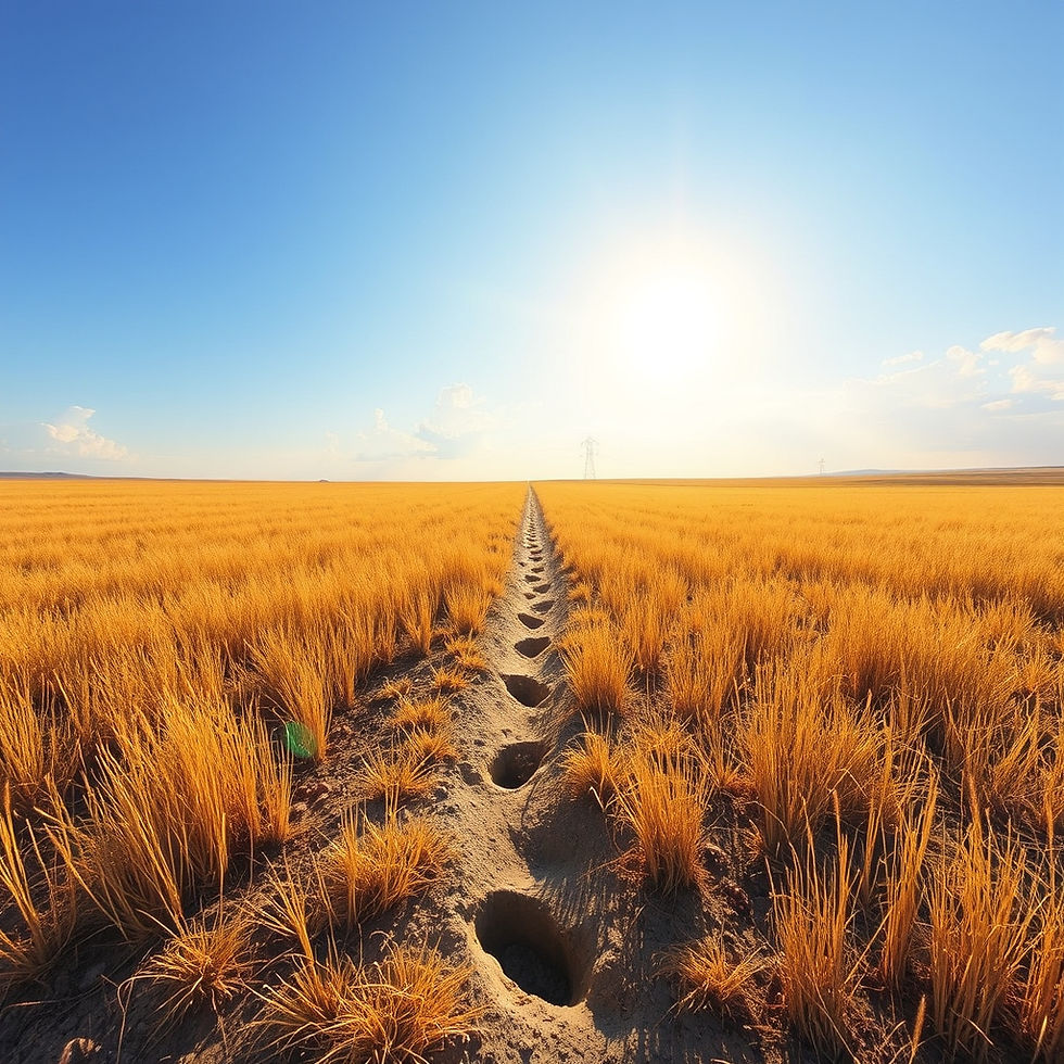 An open field with footprints leading into sunlight — representing the journey from striving to rest.
