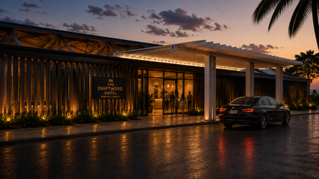 Driftwood Tavern entrance at sunset with landscaped hospitality arrival