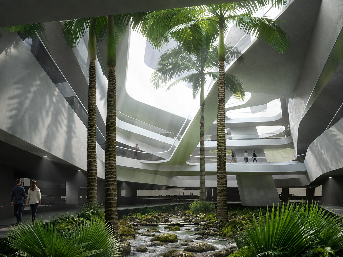 Retail carpark lobby with internal landscape and daylight atrium concept by ARMADA Architects