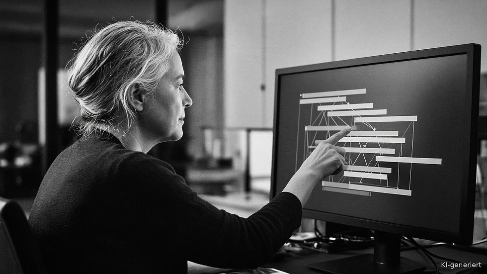Frau zeigt auf einem großen Bildschirm auf einen Projektplan mit Balkendiagramm, Motiv zum Thema IT-Projektmanagement