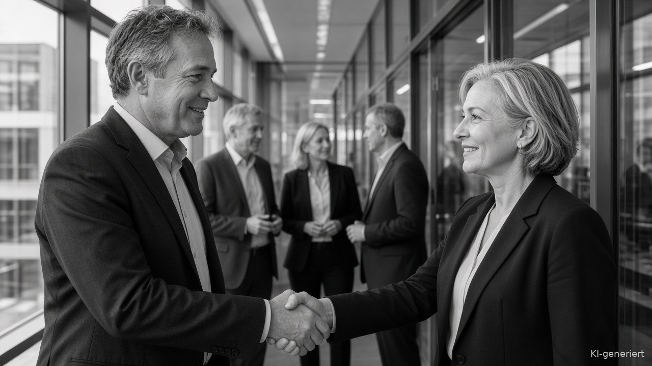 Lächelnder Mann im Anzug schüttelt einer Frau in einem Büroflur die Hand, Motiv zum Thema Handelsvertreter