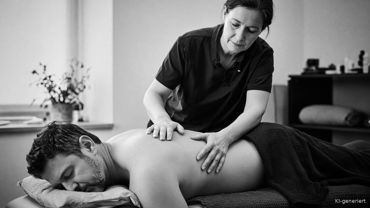 Masseurin massiert den Rücken eines Mannes, der auf einer Behandlungsliege liegt