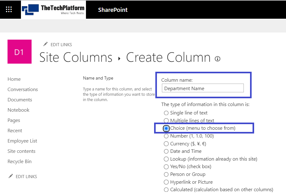 Create a SharePoint Site Column 4
