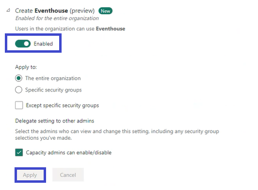 Toggle on to enable Eventhouse in Microsoft Fabric
