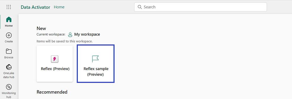 click on "Reflex" to create Data Activator in Microsoft Fabric