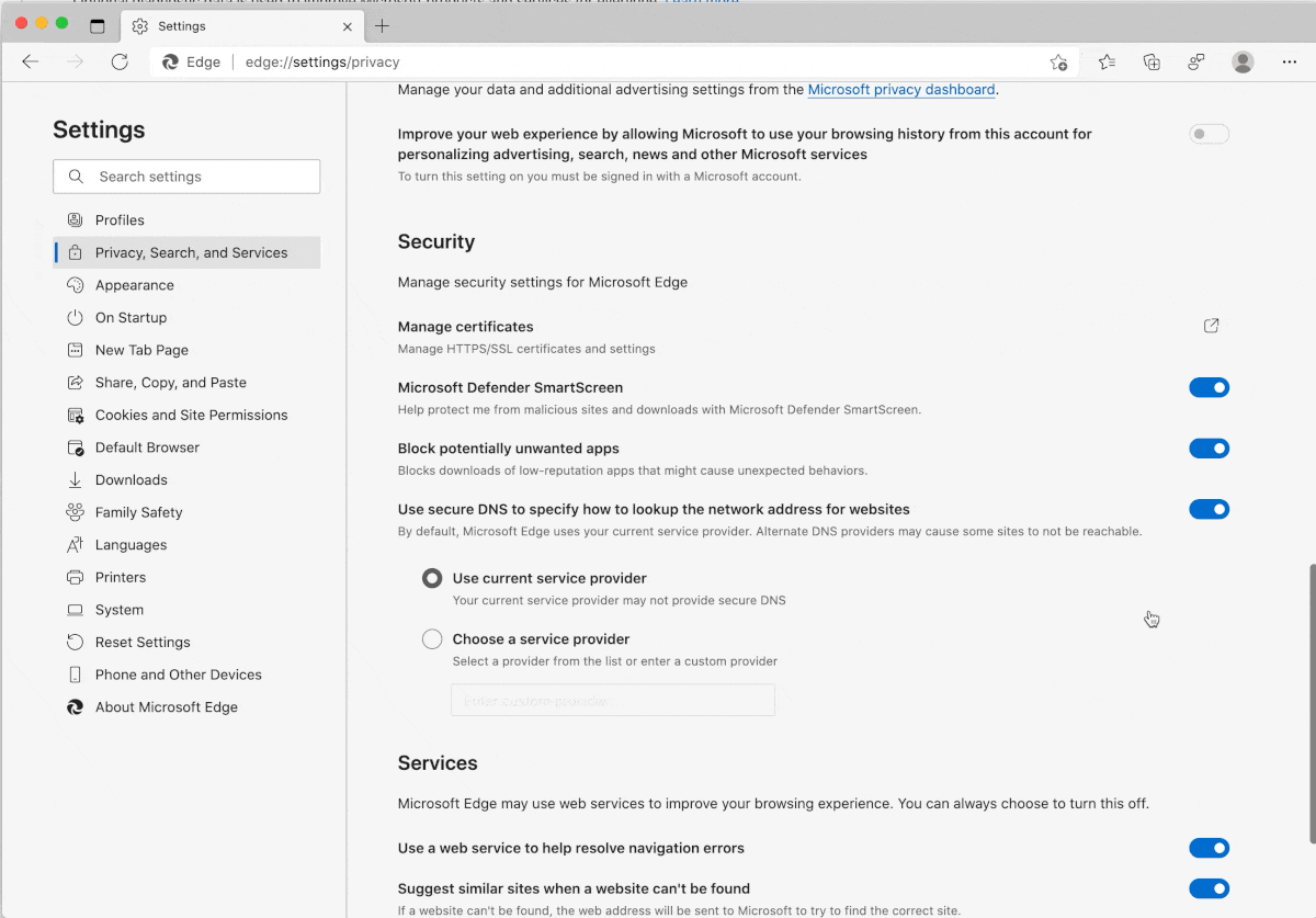 How to change or set up an alternate Secure DNS provider in Edge