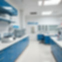 a biochemical laboratory with centrifuge, chemicals table, drawers, themed in blue and whi