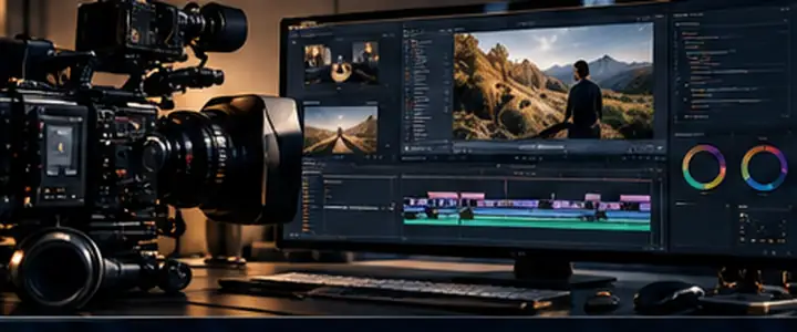 Camera equipment and a video-editing workstation in a creative studio
