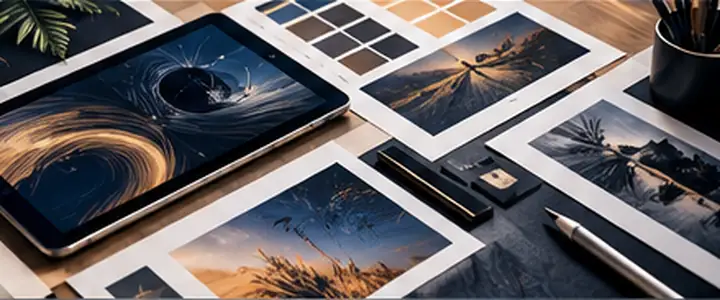 Graphic design layouts and brand materials on a creative workstation
