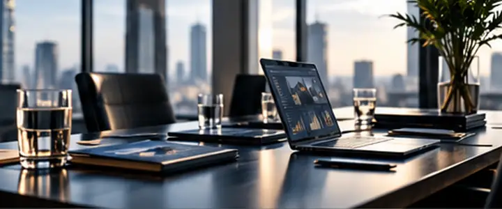 Premium digital workspace with analytics screens and creative tools