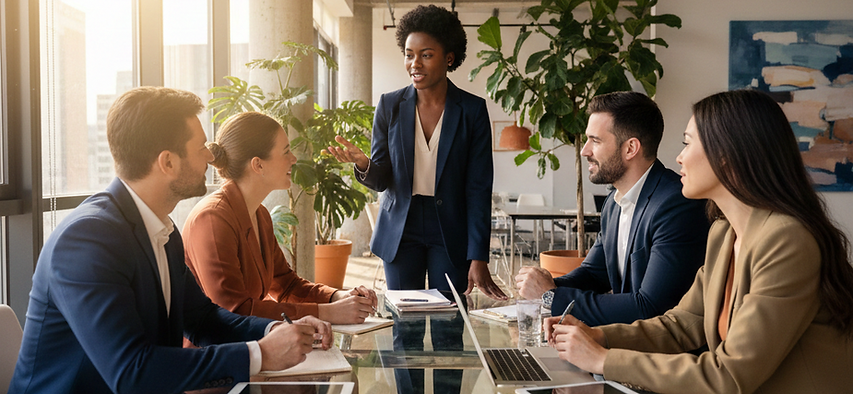 First time manager confidently leading a team meeting