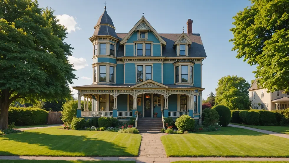 Eye-level view of vintage Victorian home with freshly painted accents