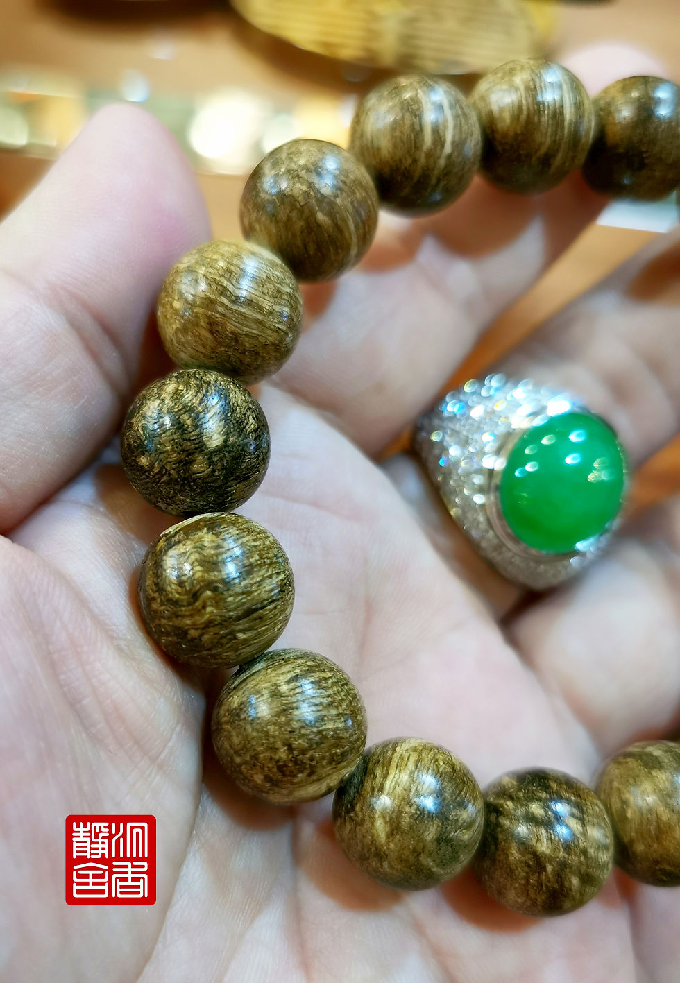 Thumbnail: 🌿玛尼瑙沉香手串 (金油软丝花纹)90% 沉 12mm / 14.4g 🌿Agarwood Bracelet 🌿