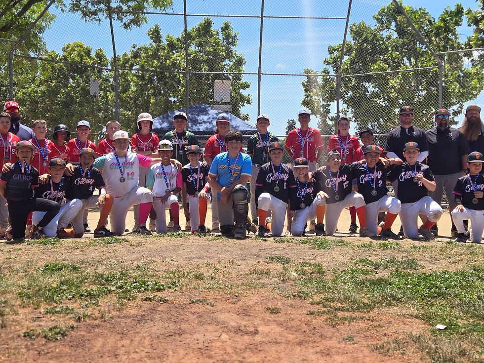 Both Gilroy and Evergreen A's baseball teams gather for a group photo on the field, proudly displaying their medals with smiles under the sunny sky.