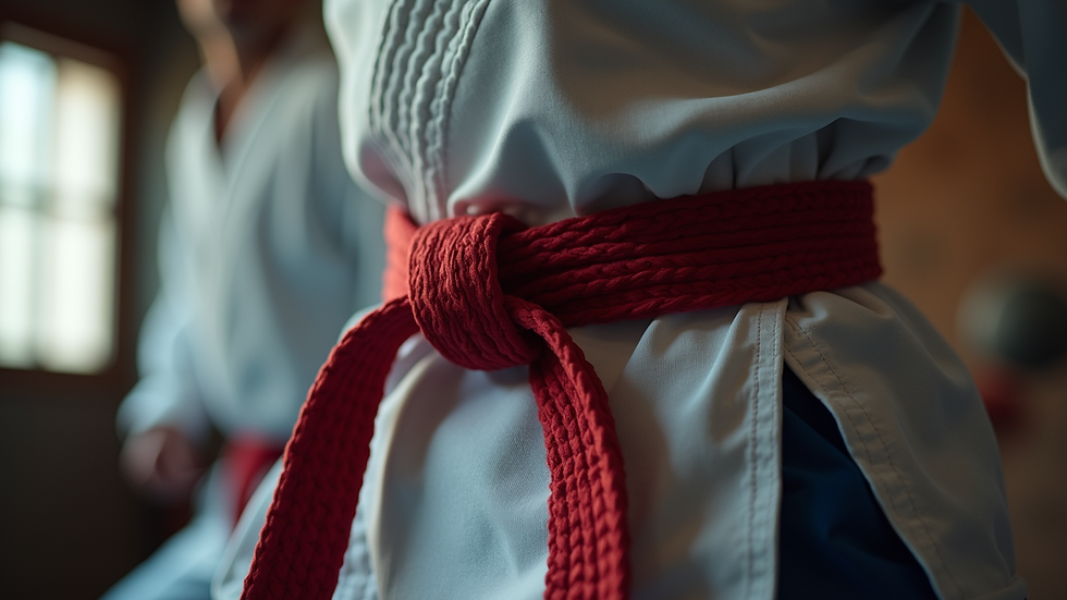 Close-up view of a martial arts belt tied around a waist during training