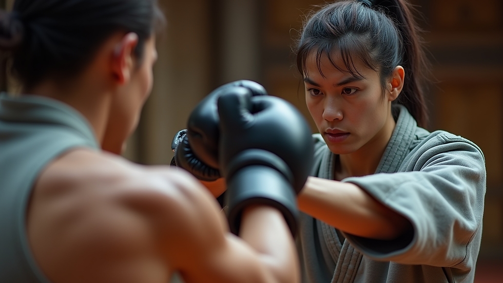 Close-up view of a martial artist practicing a precise punch in a focused training session