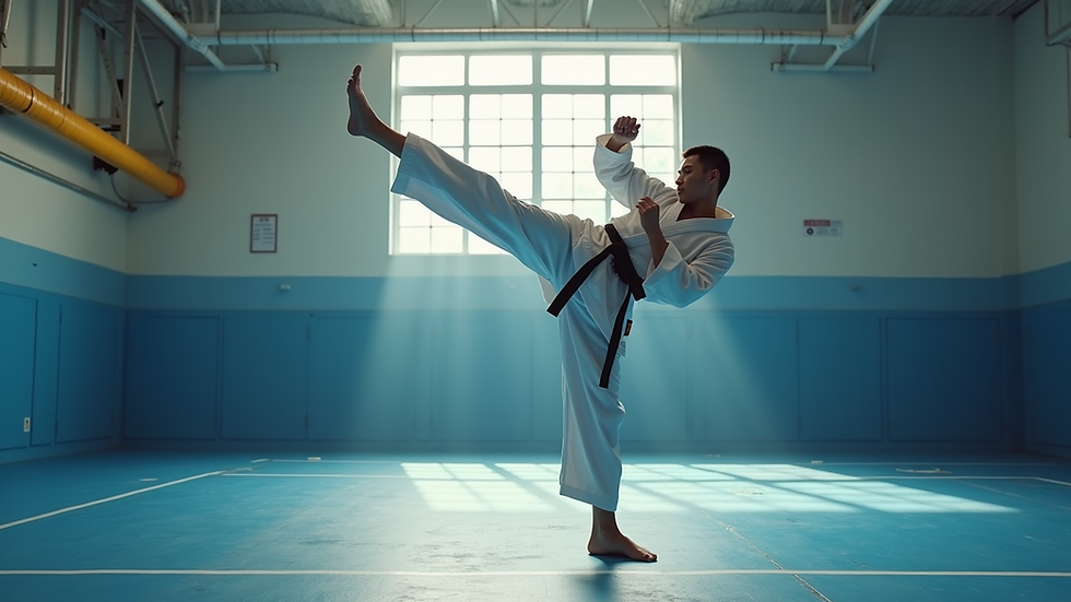 Eye-level view of a martial artist performing a high kick in a bright gym