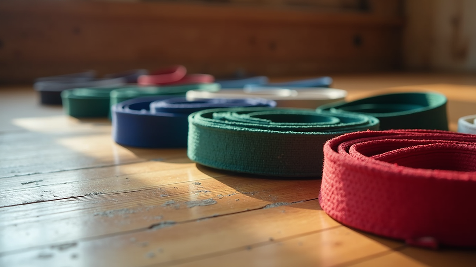 Close-up view of martial arts belts arranged by color on a wooden floor