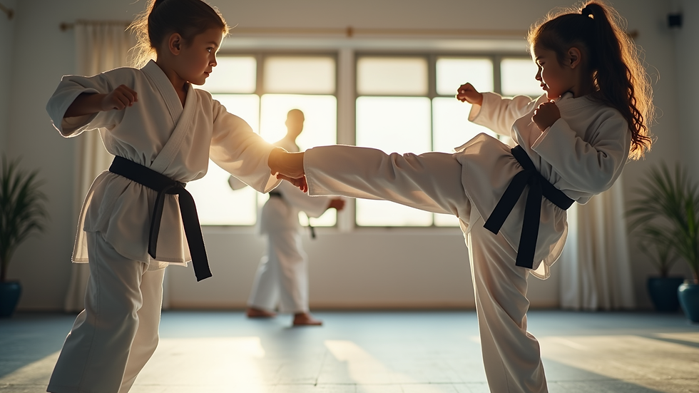 Close-up view of a family practicing martial arts kicks in a bright training room