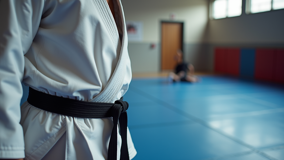 Close-up view of a karate gi and belt on a training mat