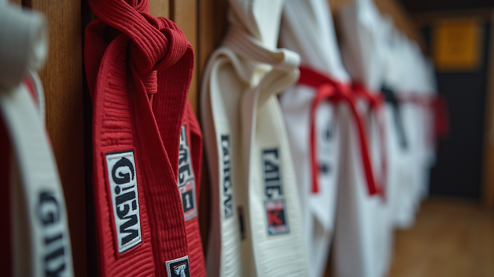 Close-up view of Taekwondo belts arranged on a wooden rack in a martial arts studio