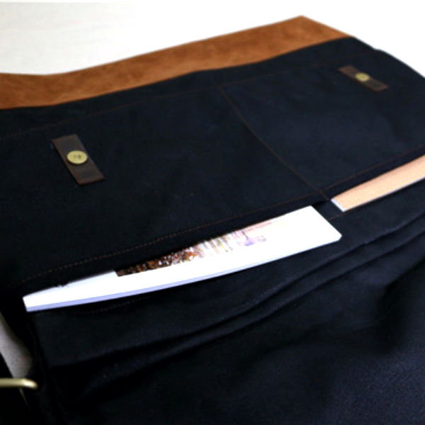 Thumbnail: 都會雅痞時尚休閒 頭層牛皮單寧帆布拼貼郵差包