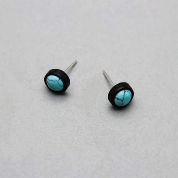 Thumbnail: Wooden Round Turquoise Earring