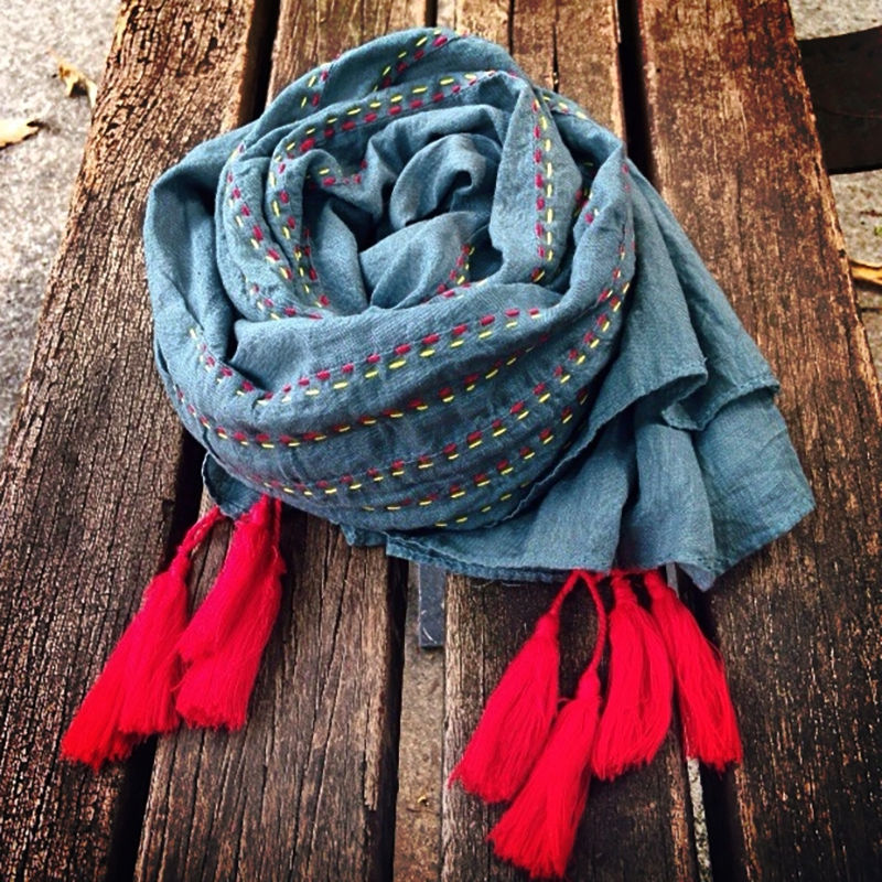 Thumbnail: SAMPLE SALE Boho Hand Embroidered Tassel Summer Scarf