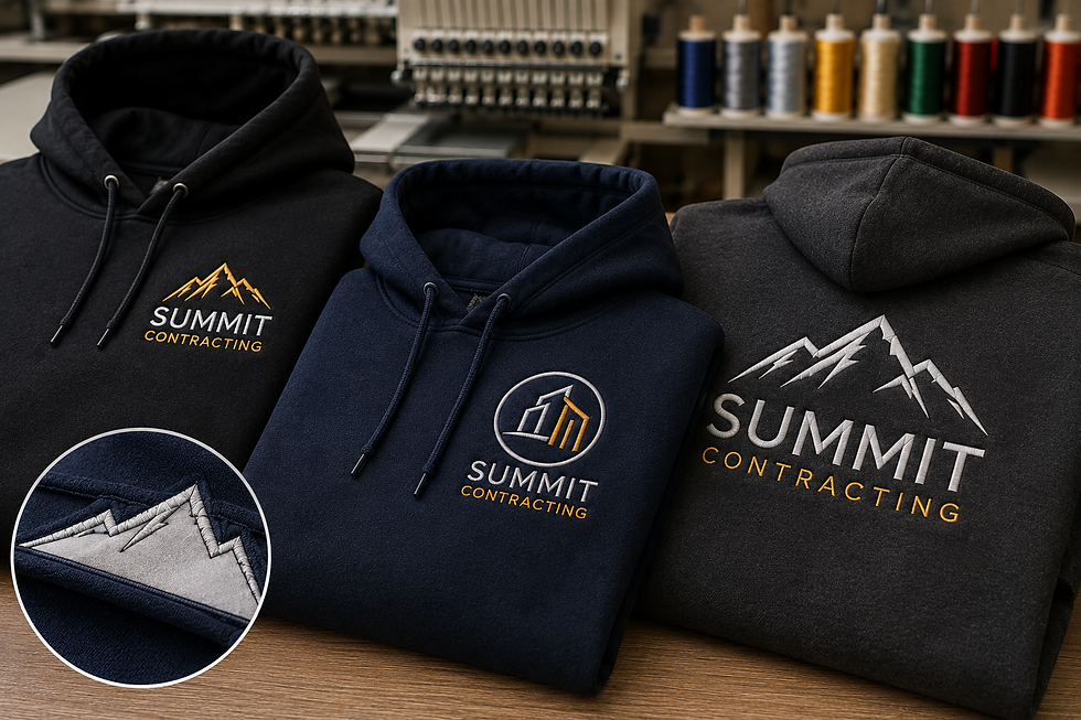 Navy and black hoodies with embroidered chest logos