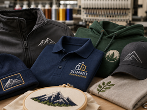 Embroidered jacket, polo, hoodie, cap, and beanie with logo design