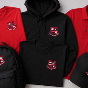 Custom school apparel including embroidered hoodie, polo, t-shirt, cap, and backpack in school colours