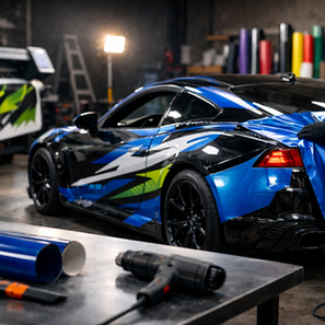 Installer applying vinyl during vehicle wraps installation on car