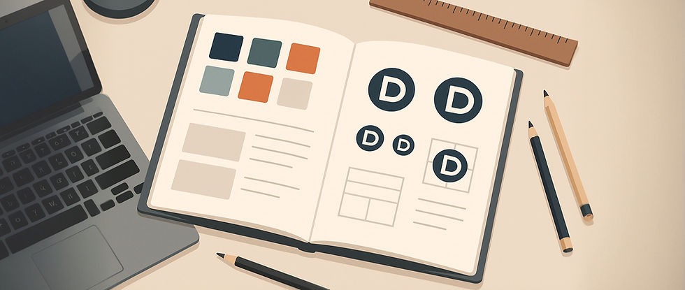 Workspace with laptop, pencils, and color palettes used for creating logos and brand identity