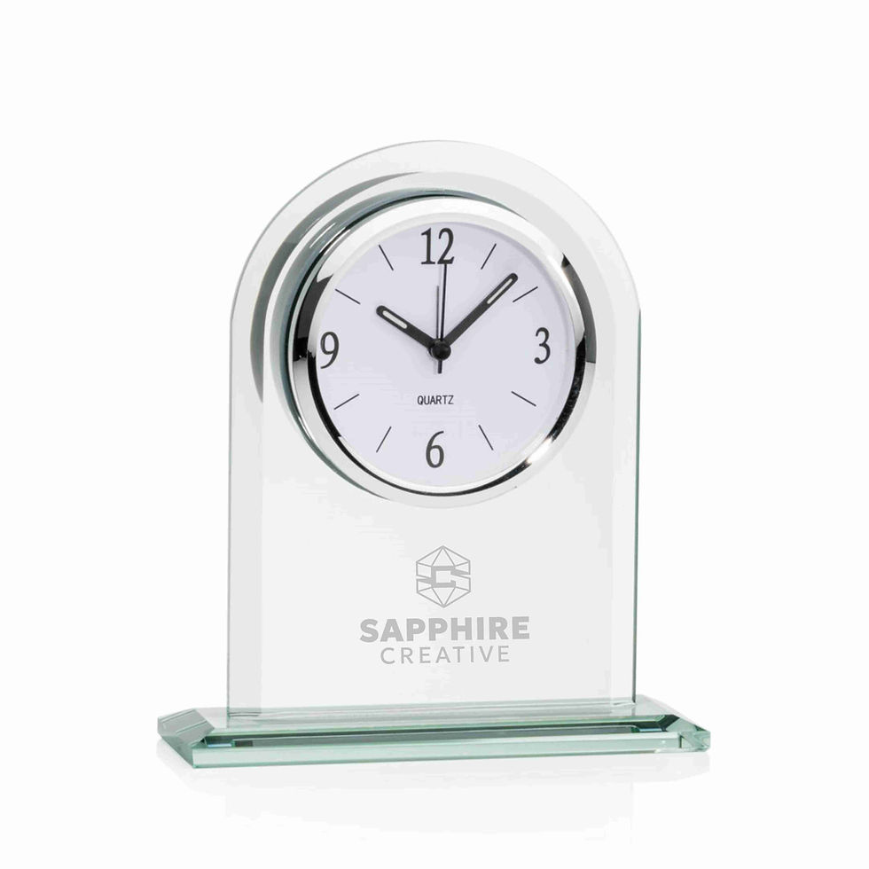Engraved glass clock on stand