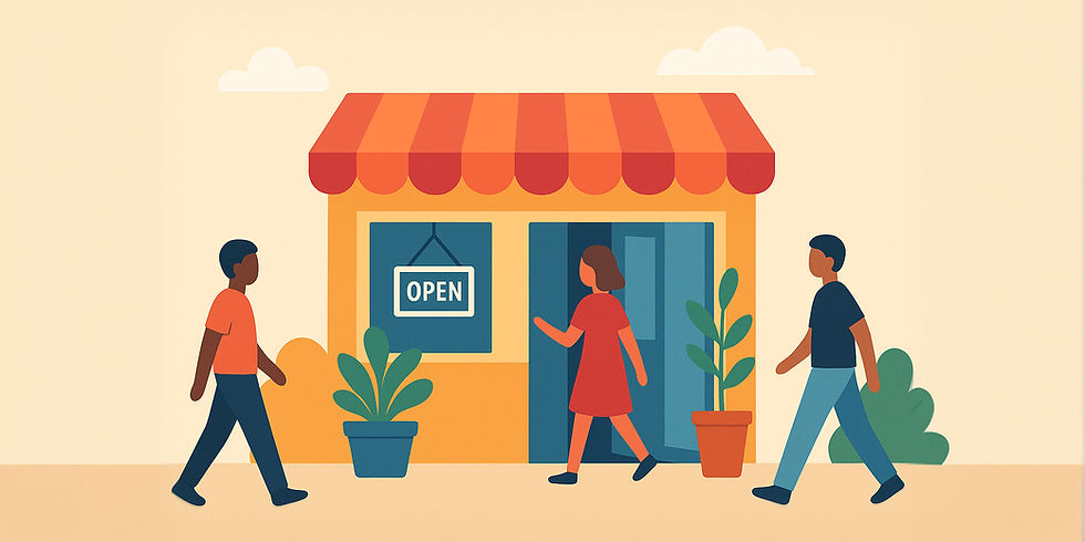 Storefront with people outside showing community engagement for small businesses