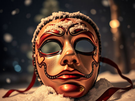 A masquerade mask in the snow on a dark winter's night