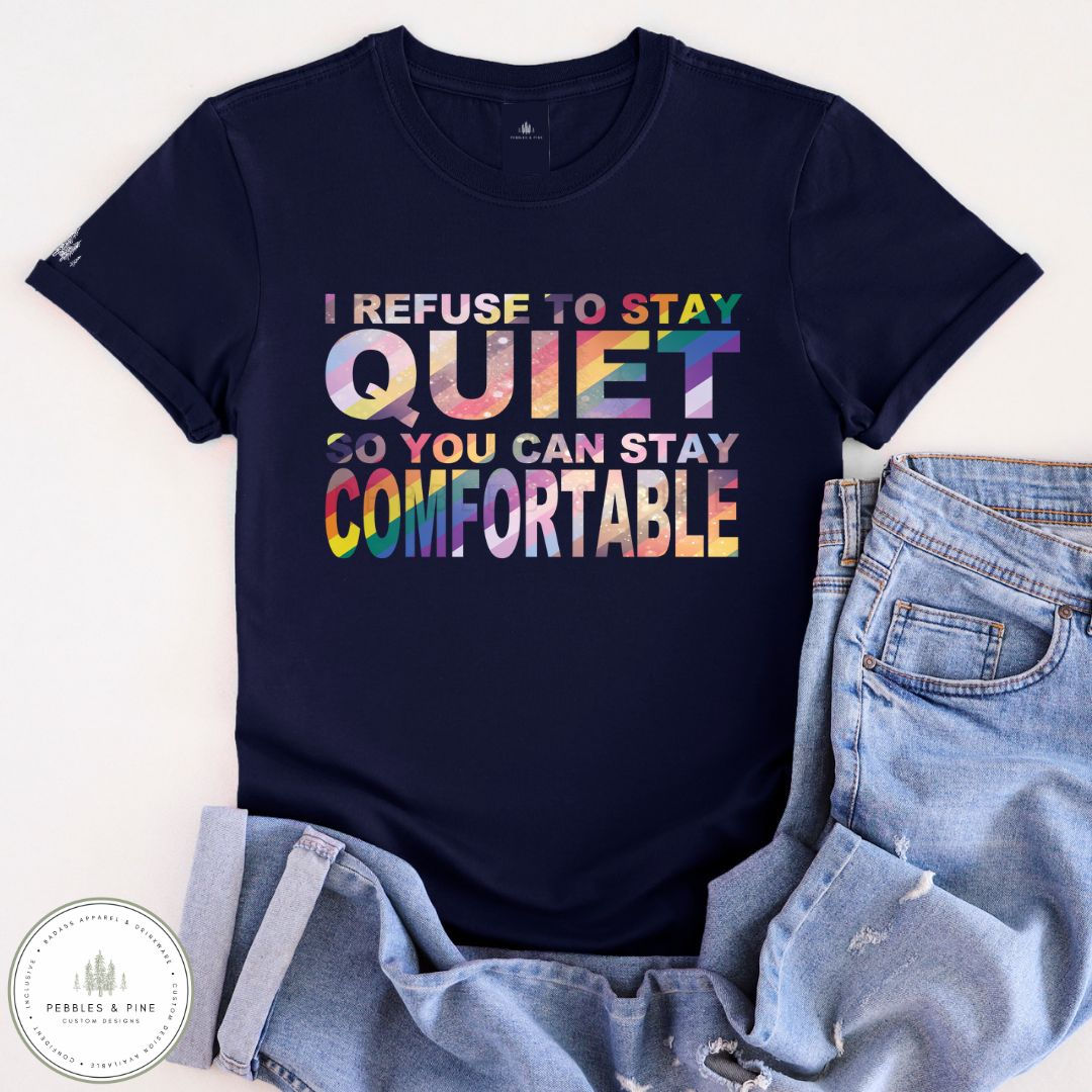 Black t-shirt with text using progressive flag colours