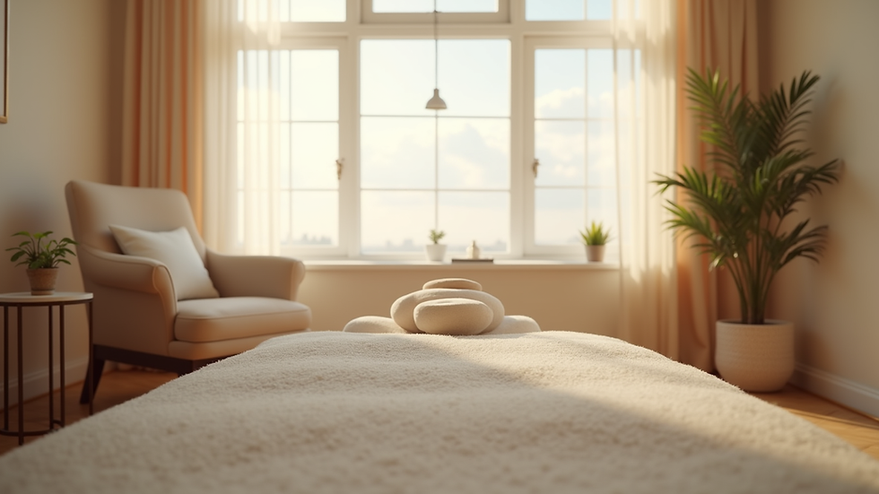 Eye-level view of a calm therapy room with a comfortable chair and soft lighting