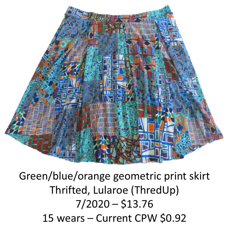 Floral white skirt with pink, purple, teal and green print on white background; listing text below says thrifted Lane Bryant.