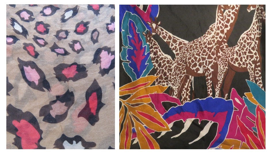 Abstract textiles: left shows pink, white, and red leopard print on beige; right features giraffes with vibrant leaves on a dark background.