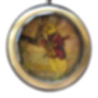 Bronze pocket watch with Roman numerals. Inside, a rabbit in a red jacket runs, set against a yellowish background. Fantasy theme.