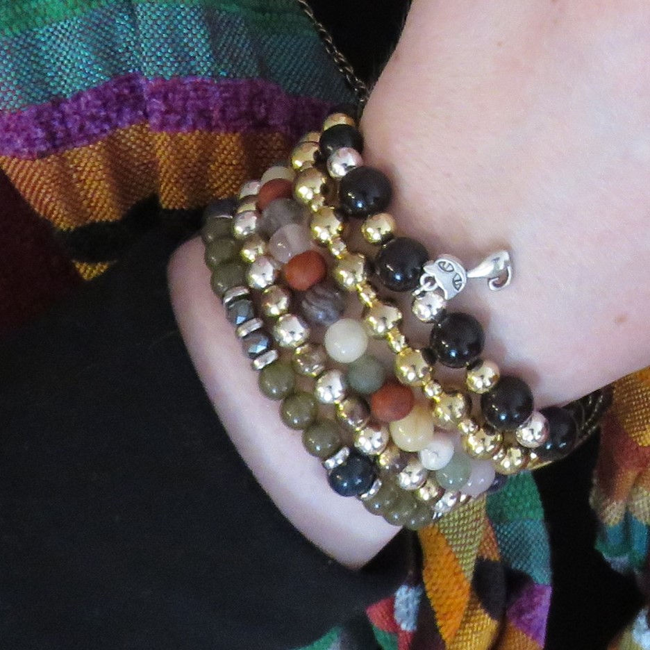 DIY glass and stone bead bracelet stack-Plus size outfit idea for women over 40