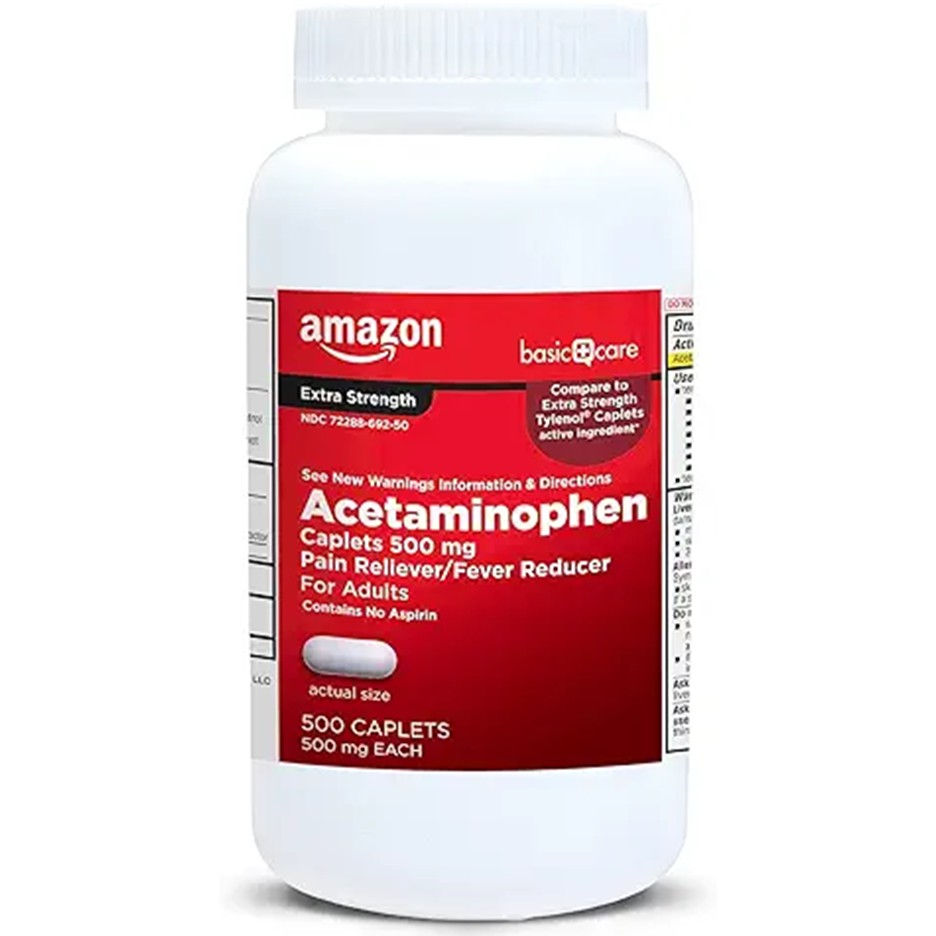 White bottle of Amazon Basic Care Acetaminophen, red label, 500 caplets, 500mg each, pain reliever/fever reducer, for adults.