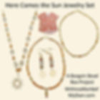 Beaded necklace set with sun pendants and earrings beside a red floral shirt on beige; text reads Here Comes the Sun Jewelry Set.