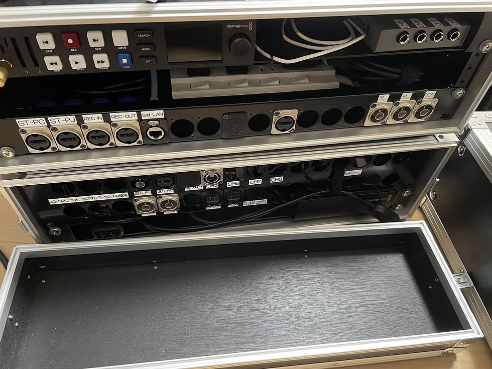 案件により、持ち出すラックが変わります。SDIのエンベデッドで、4回線はステージBOXで引き込めるようにXLR端子をパネルに埋めています。PTZの場合、PoEはステージBOXから繋ぎ、NDIはコンソール側でAV over IPで食わせています。演台に発表PCを設置することが多いため、EDID保持とスケーラーも入れてあります。