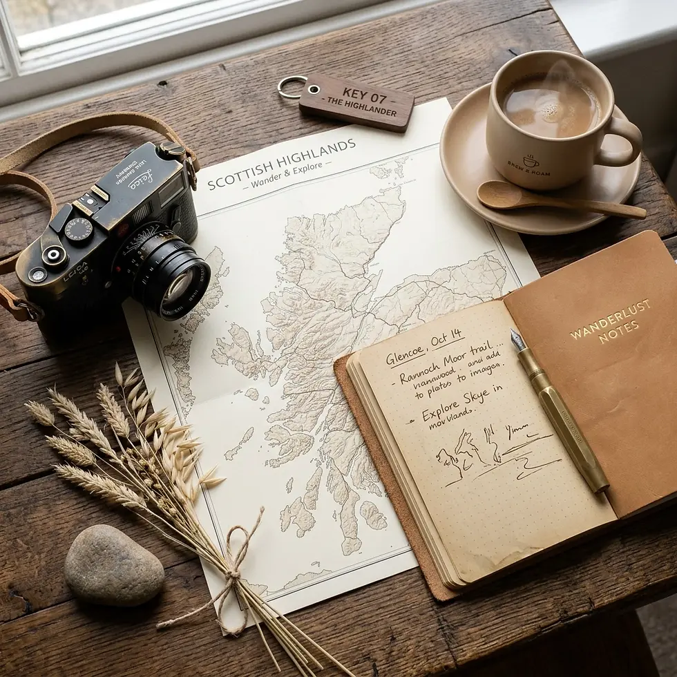 Lifestyle flat lay photography of travel planning items for the Scottish Highlands, including a vintage camera, map, journal, and coffee on a wooden table.